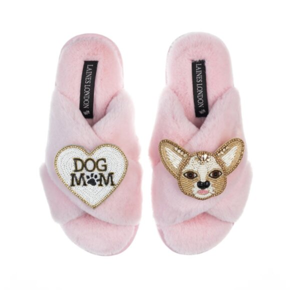 LAINES LONDON Classic Slippers With Enki-doo & Dog Mum / Mom Brooches - Size - M - Picture 1 of 5